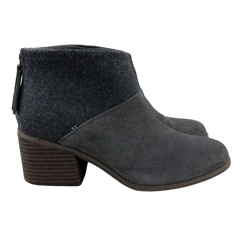 Toms Women's Size 9 Lacey Grey Leather Wool Blend High Heel Ankle Booties Boots